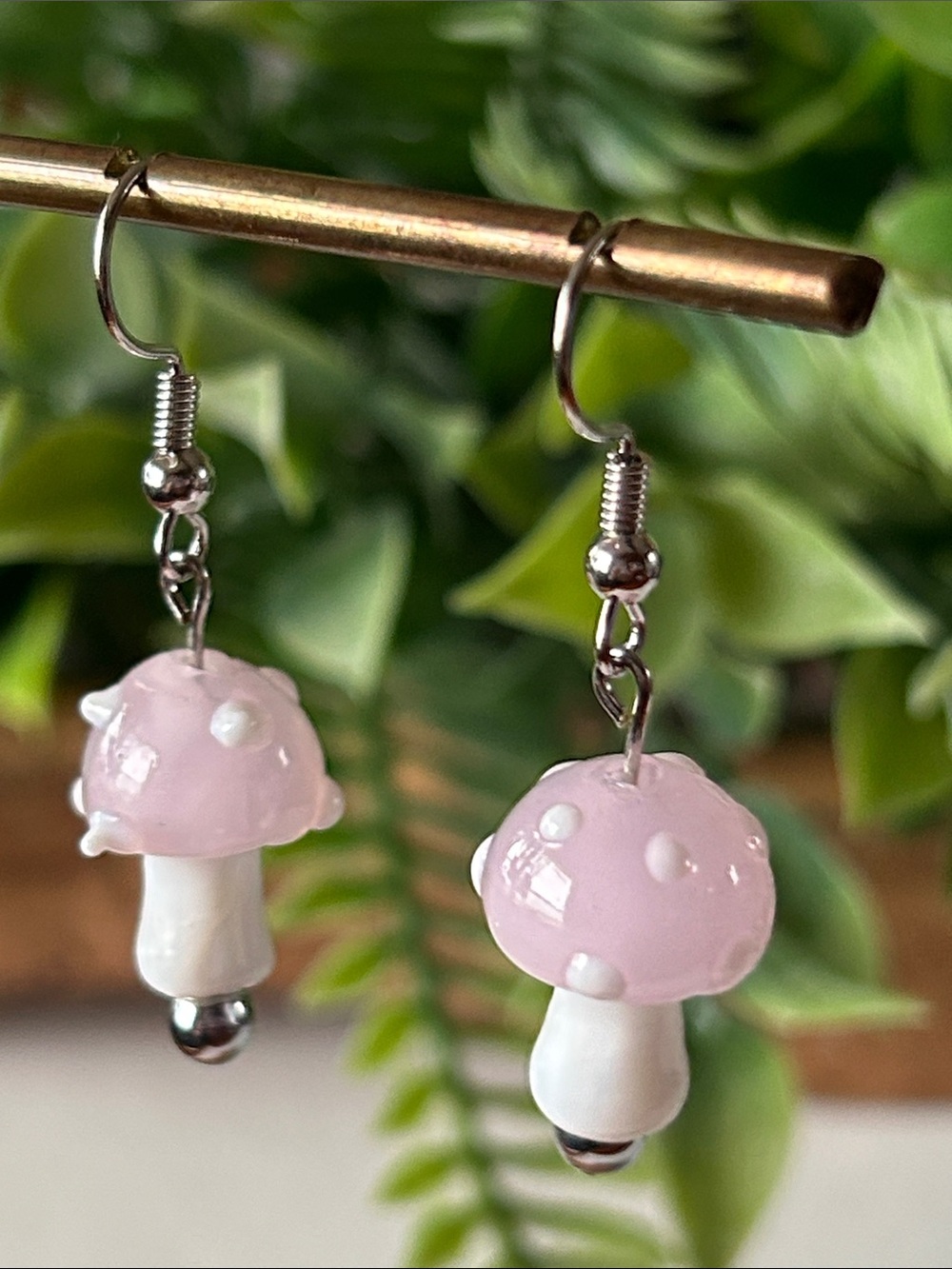 Handmade Pink Mushroom Drop Earrings 🍄